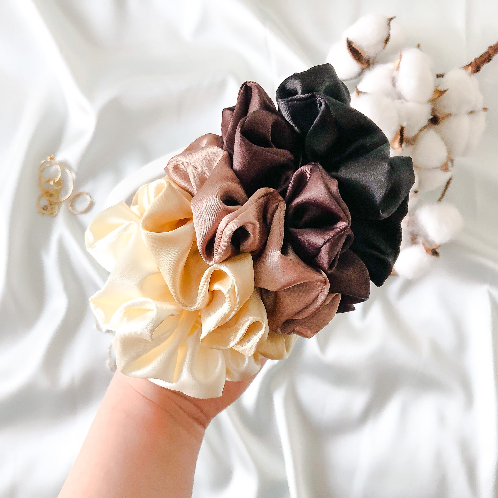 Neutral Tones Silk Satin Scrunchie Set | Brown Silk Scrunchy  display picture 1