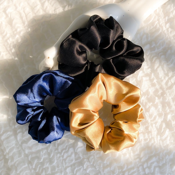 Gold-black-navy Silk Scrunchie Set | Aesthetic Silk Scrunchy Pack
