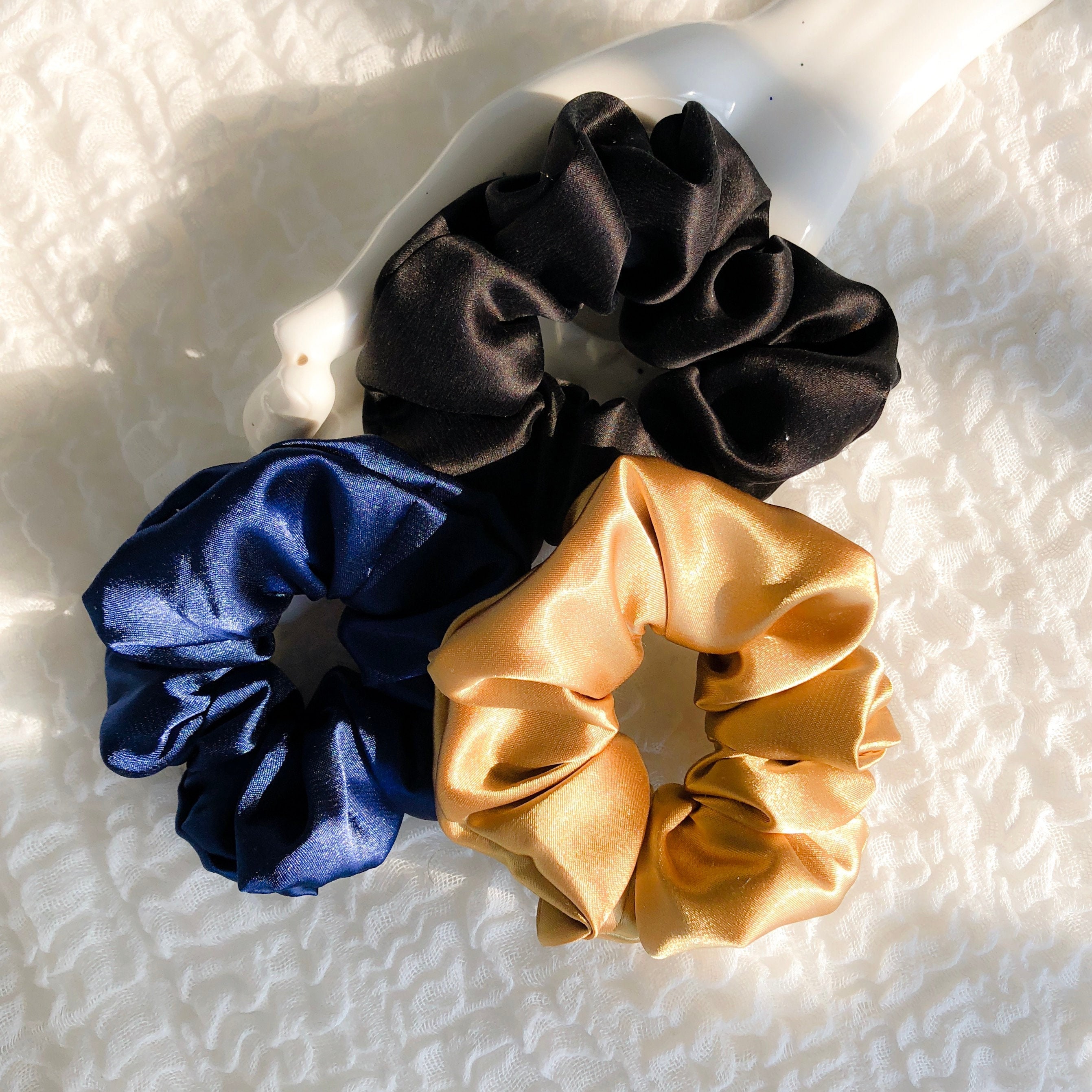 Gold-black-navy Silk Scrunchie Set | Aesthetic Silk Scrunchy Pack