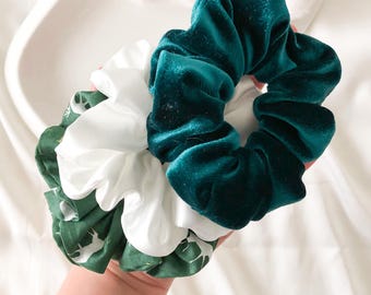 Green Satin Scrunchie Set - Velvet, Cotton, and Silk Satin Variety Pack | Christmas, New Year’s & Valentine’s Gift Idea
