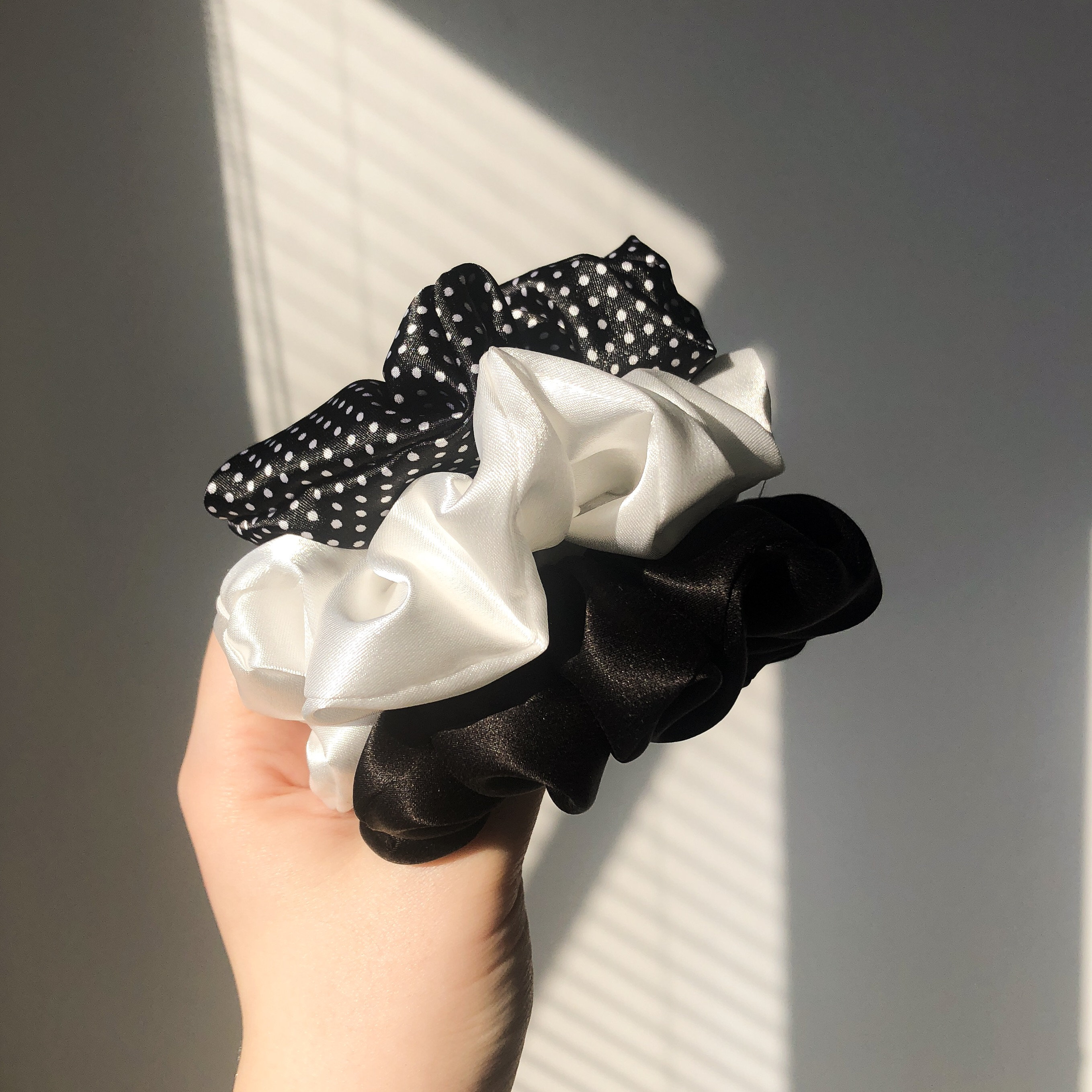 Luxury Black & White Silk Scrunchie Set | Polka Dot Hair  display picture 2