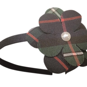 Headband with flowered bow.   School Uniform, Plaid headband, Plaid Bows, Back to School, Hair accessory