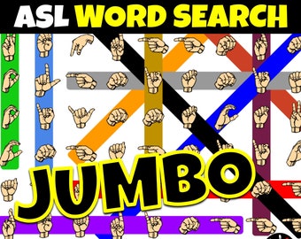 May include: A colorful word search puzzle featuring American Sign Language (ASL) hand signs. The puzzle is titled "ASL WORD SEARCH JUMBO" and includes the text "20 PUZZLES Long Words".