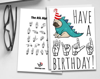 Printable ASL Birthday Card With ASL Alphabet • FREE Envelope Template • Sign Language Greeting Card • American Sign Language B-Day Asl Card