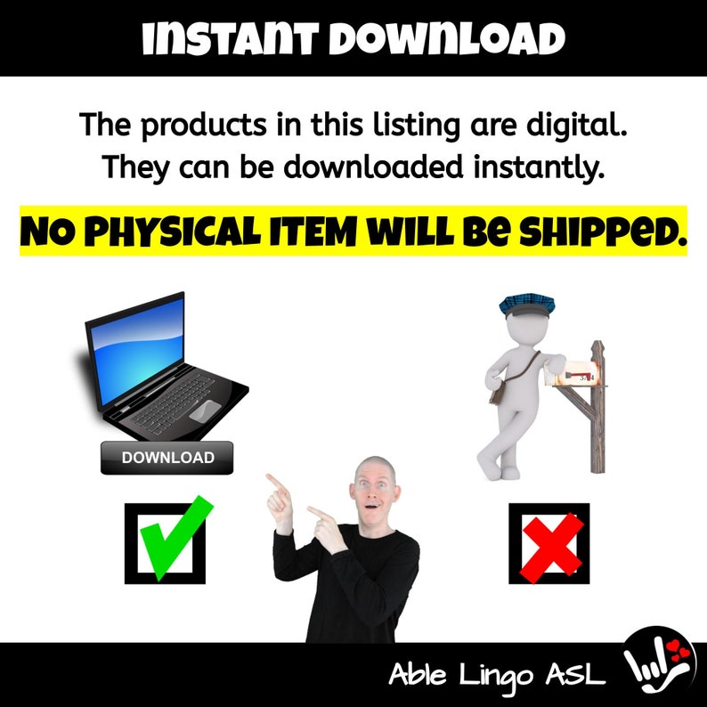 May include: A digital download illustration with a laptop computer, a checkmark, and a red X. The text reads "INSTANT DOWNLOAD" and "NO PHYSICAL ITEM WILL BE SHIPPED".