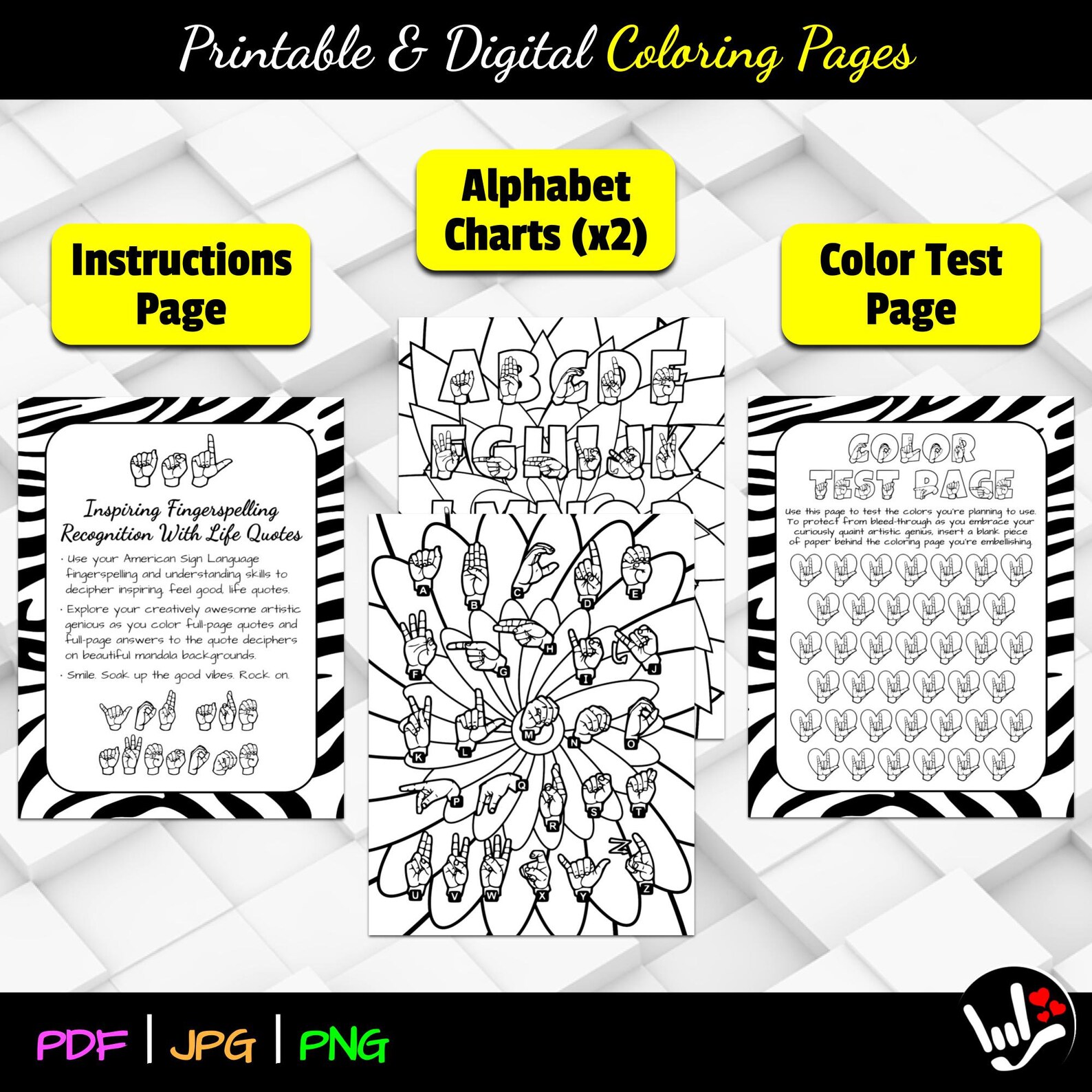 ASL Printable & Digital Coloring Pages 8.5x11 | Pdf Jpg Png | American ...