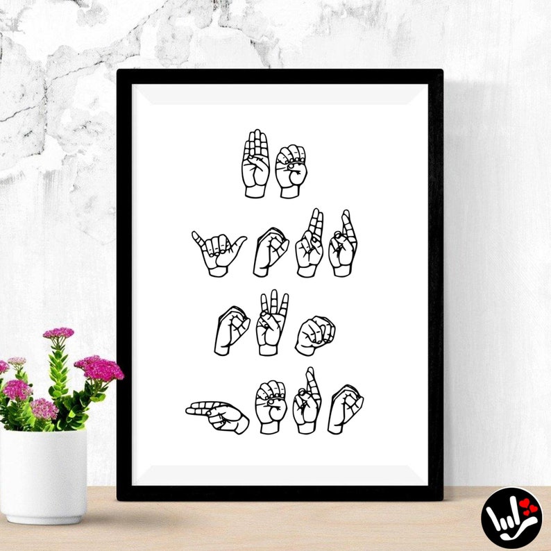 May include: Black and white illustration of the American Sign Language alphabet, showing the hand signs for each letter. The letters are arranged in a vertical column.