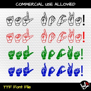 May include: Four rows of sign language alphabet letters, including the letters Y, O, U, D, O, C, and E, and an exclamation point. The letters are in black, red, green, and blue. The letters are on a white background with a pattern of small white circles.