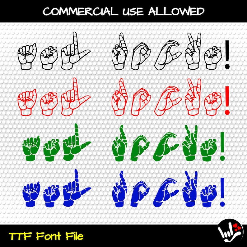 May include: Four rows of sign language alphabet letters, including the letters Y, O, U, D, O, C, and E, and an exclamation point. The letters are in black, red, green, and blue. The letters are on a white background with a pattern of small white circles.