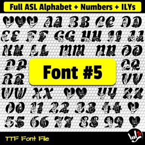 Puede incluir: Ilustraci&oacute;n en blanco y negro del alfabeto y los n&uacute;meros del lenguaje de se&ntilde;as americano. La fuente se llama "Font #5" y est&aacute; disponible como archivo TTF.