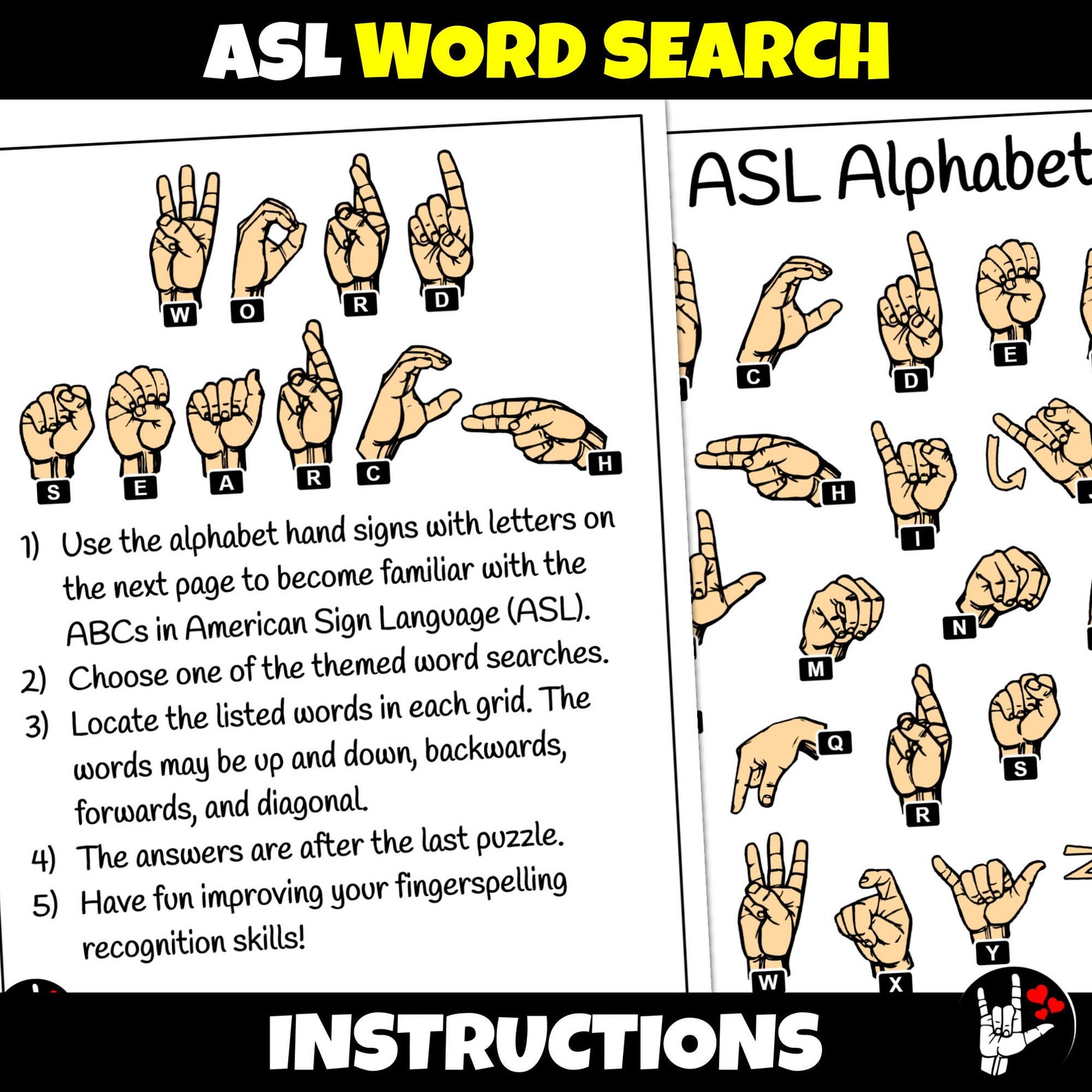 ASL Sign Language Word Search Printable ASL Word Search Etsy