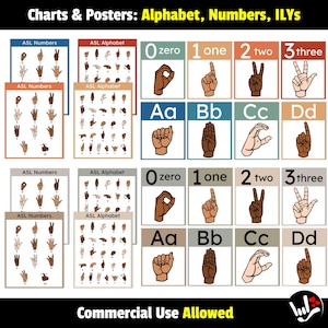 ASL Bundle Alphabet & Numbers Charts ABC Posters | American Sign Language | 7 Color Schemes | pdf jpg | Printable 8.5x11 |  Boho Classroom