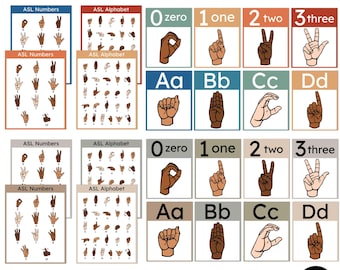 ASL Bundle Alphabet & Numbers Charts ABC Posters | American Sign Language | 7 Color Schemes | pdf jpg | Printable 8.5x11 |  Boho Classroom