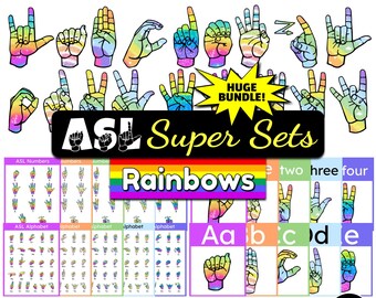 ASL Alphabet Numbers ILYs Rainbow Super Sets | Clipart Charts Posters | png, jpg, pdf | American Sign Language | Rainbow Themed ASL Sets