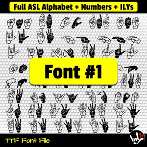 Puede incluir: Una imagen en blanco y negro del alfabeto completo del lenguaje de se&ntilde;as americano, n&uacute;meros y el signo para "Te amo". La imagen est&aacute; sobre un fondo blanco con una pancarta amarilla que dice "Fuente #1".