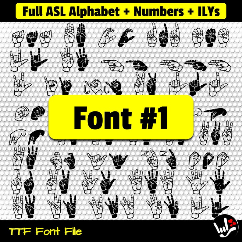Puede incluir: Una imagen en blanco y negro del alfabeto completo del lenguaje de se&ntilde;as americano, n&uacute;meros y el signo para "Te amo". La imagen est&aacute; sobre un fondo blanco con una pancarta amarilla que dice "Fuente #1".