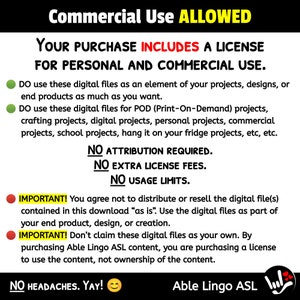 May include: Green and red circles with text explaining the terms of use for digital files. The text says "Commercial Use Allowed" and "Your Purchase Includes a License for Personal and Commercial Use." The text also says "NO ATTRIBUTION REQUIRED", "NO EXTRA LICENSE FEES", and "NO USAGE LIMITS".