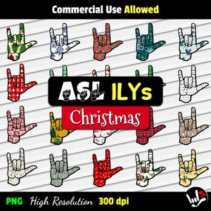 ASL Kerst ILY-borden | Ik hou van je-tekens in Amerikaanse gebarentaal | png-illustratiebestanden | Unieke ILY-ontwerpen met kerstthema | Winterig