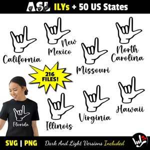 ASL ILY Sign All 50 US States Svg Bundle • I Love You American Sign Language • Bonus Files Included • svg png • cut files • Fingerspelling