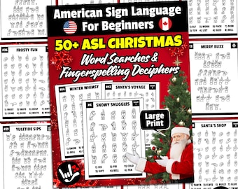 50+ ASL Christmas Word Searches & Fingerspelling Deciphers For Beginners | Large Print | Printable ASL Puzzle Worksheets | Digital Download