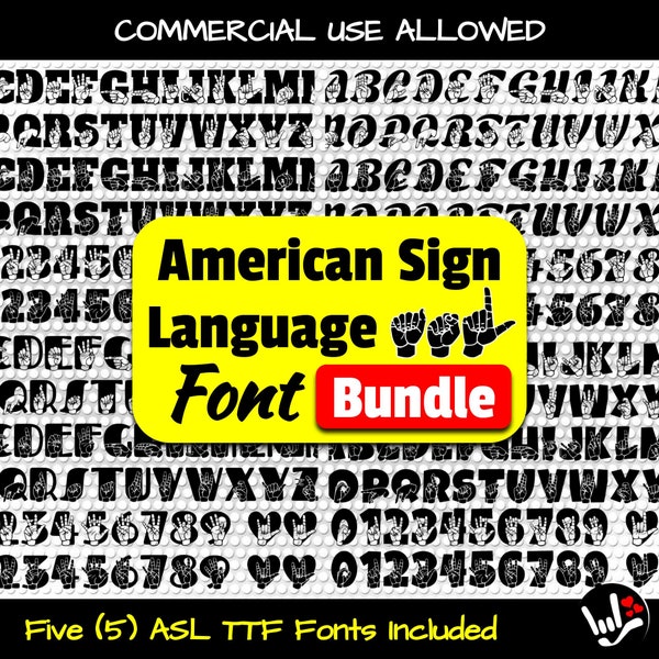 ASL Font Bundle TTF Files • 5 Unique Fonts Included • 2 Versions of Each Letter, Number, ILY Sign • Asl True Type Font • Sign Language Font