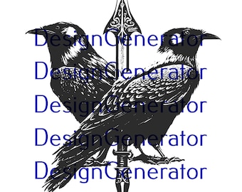 May include: Black and white illustration of two ravens perched on a spear with a decorative design. The ravens are facing opposite directions and their wings are spread out.