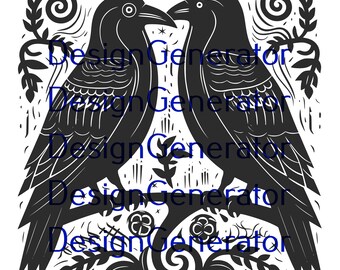 May include: Black and white illustration of two ravens facing each other with their beaks touching. The ravens are perched on a branch with stylized leaves and flowers. The background is white.