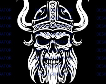 Pakiet 11 plików SVG i PNG z czaszką wikinga – cyfrowe pliki z czaszką wojownika nordyckiego do grawerowania laserowego, CNC, wypalania w drewnie, naklejek i projektów koszulek.