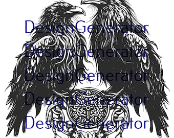 May include: Black and white illustration of two stylized ravens facing each other with their wings spread. A circular design with intricate details is centered between the ravens.