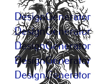May include: A black and white illustration of two ravens perched on a tree. The ravens are facing each other, with the tree's branches and roots forming a detailed silhouette. The text "Design Generator" is overlaid on the image.