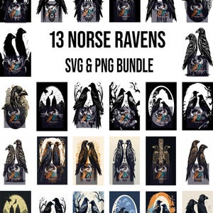 13 Odin&#39;s Ravens SVG and PNG Bundle – Hugin and Munin Norse Mythology Digital Files for Laser Engraving, CNC, Decals and T-Shirts