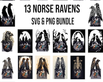 13 Odin's Ravens SVG i PNG Bundle – Hugin i Munin, mitologia nordycka, pliki cyfrowe do grawerowania laserowego, CNC, naklejek i koszulek