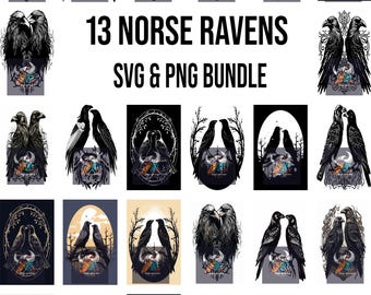 13 Odin's Ravens SVG i PNG Bundle – pliki cyfrowe mitologii nordyckiej Hugin i Munin do grawerowania laserowego, CNC, naklejek i projektów koszulek
