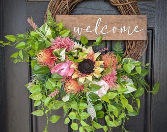 Wreath for front door, wreaths for front door, spring wreath, summer wreath, door wreath, sunflower wreath, pink and yellow, greenery wreath