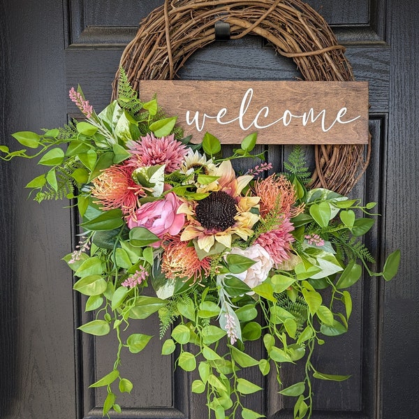 Wreath for front door, wreaths for front door, spring wreath, summer wreath, door wreath, sunflower wreath, pink and yellow, greenery wreath