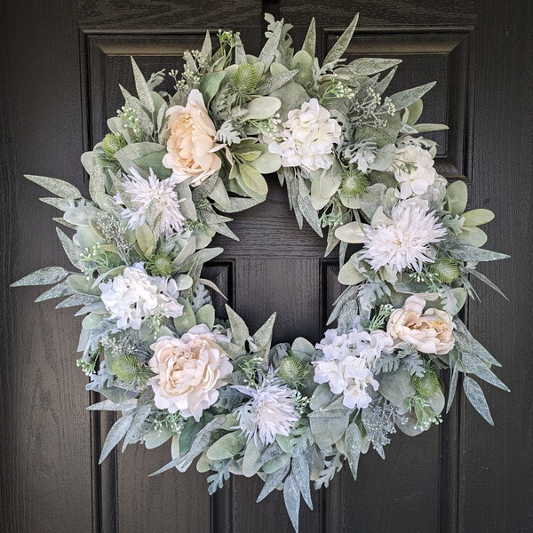 Wreaths for front door, wreath for front door, everyday wreath, year round wreath, lambs ear wreath, eucalyptus wreath, door wreath, peonies