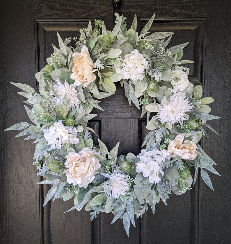 Wreaths for front door, wreath for front door, everyday wreath, year round wreath, lambs ear wreath, eucalyptus wreath, door wreath, peonies image 1