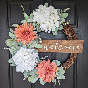 Wreaths for front door, front door wreath, hydrangea wreath, spring wreath, summer wreath, all season wreath, fall wreath, lambs ear, hello