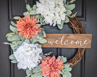 Wreaths for front door, front door wreath, hydrangea wreath, spring wreath, summer wreath, all season wreath, fall wreath, lambs ear, hello