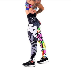 Pantalon de yoga taille haute imprimé graffiti : vêtements de sport, salle de gym, course à pied, vêtements d'intérieur