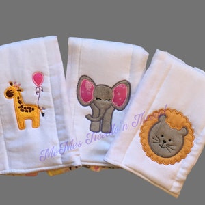 Jungle Embroidered Burp Cloths, Elephant, Giraffe, Lion, Baby Accessory, Baby Shower Gift, Unisex, Safari, Zoo, Can Be Personalized image 1