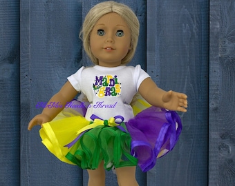 Mardi Gras Machine Embroidered Doll T-Shirt and Rainbow Tutu Outfit for 18&quot; Doll, Purple, Green, Gold, Ribbon