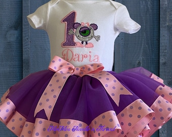 First Birthday Monster Girl's Shirt and Purple Tutu Outfit, 1st Birthday, Green One Eyed Monster, Any Age, Personalized
