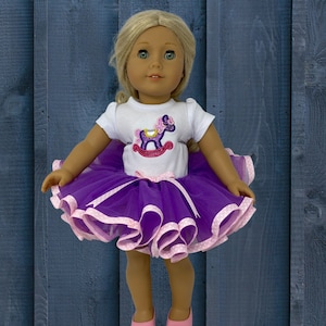 Purple Rocking Horse Machine Embroidered Doll Shirt and Purple Tutu Outfit for 18&quot; Doll, 2 Piece Set
