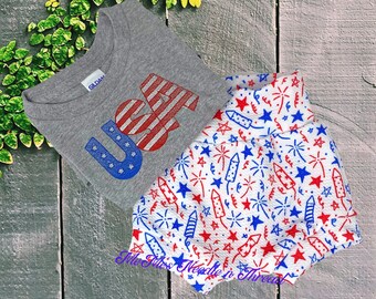 Fourth of July Bummie and USA Shirt Outfit, Rockets, Fireworks, Firecracker, Stars, 4th of July, Boy or Girl,