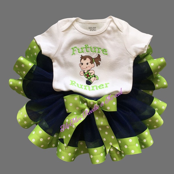 Runner Navy and Lime Green Embroidered Girl's T Shirt and Tutu Outfit Featuring Polka Dot Ribbon, Can Be Personalized, Ballet, Dance, Run