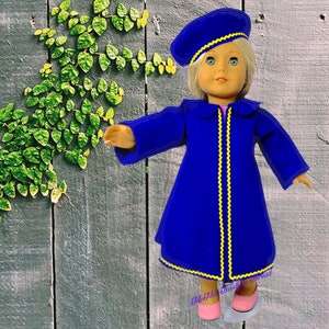 Royal Blue Coat and Beret with Yellow Rickrack for 18" Doll, AG Like Doll, 2 Piece Set