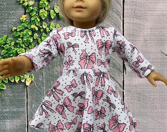 18" Doll Dress, White Black Polka Dot Pink Bow Circle Skirt Long Sleeve