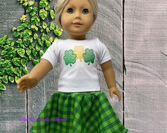 St Patrick's Day Doll Outfit; Shamrock Shirt and Green Plaid Skirt