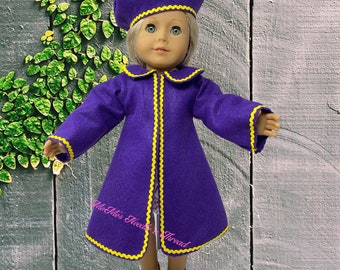 Purple Felt Coat and Beret with Yellow Rickrack for 18" Doll, 2 Piece Set